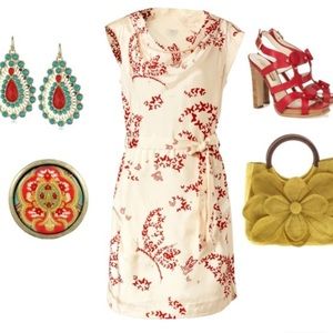 Hoss Intropia Rare Butterfly Print‎ Red Ivory shift Dress 40 6 8 M